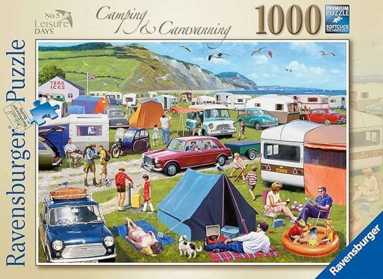 A nostalgic painting of a busy British seaside campsite filled with vintage cars, caravans, tents, and vacationers.