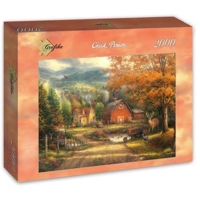 An autumn landscape painting of a red barn and farmhouse surrounded by fall foliage and wildlife.