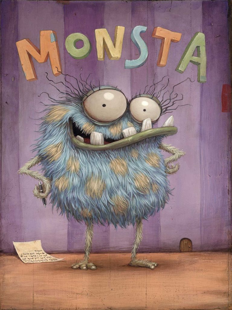 A whimsical blue, polka-dotted monster with large eyes and wild hair standing against a purple striped wall.