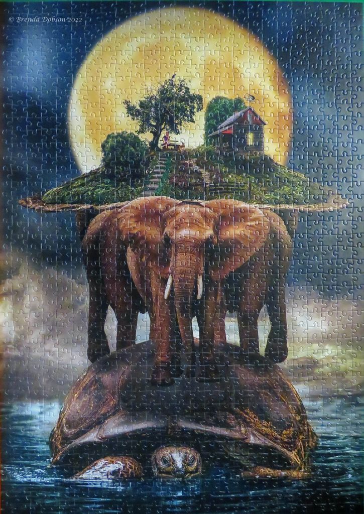 A surreal illustration of elephants standing on a giant turtle in water, with a moonlit island in the background.