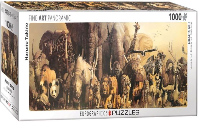 A panoramic illustration of numerous wild animals gathered together against a warm, hazy golden sky.