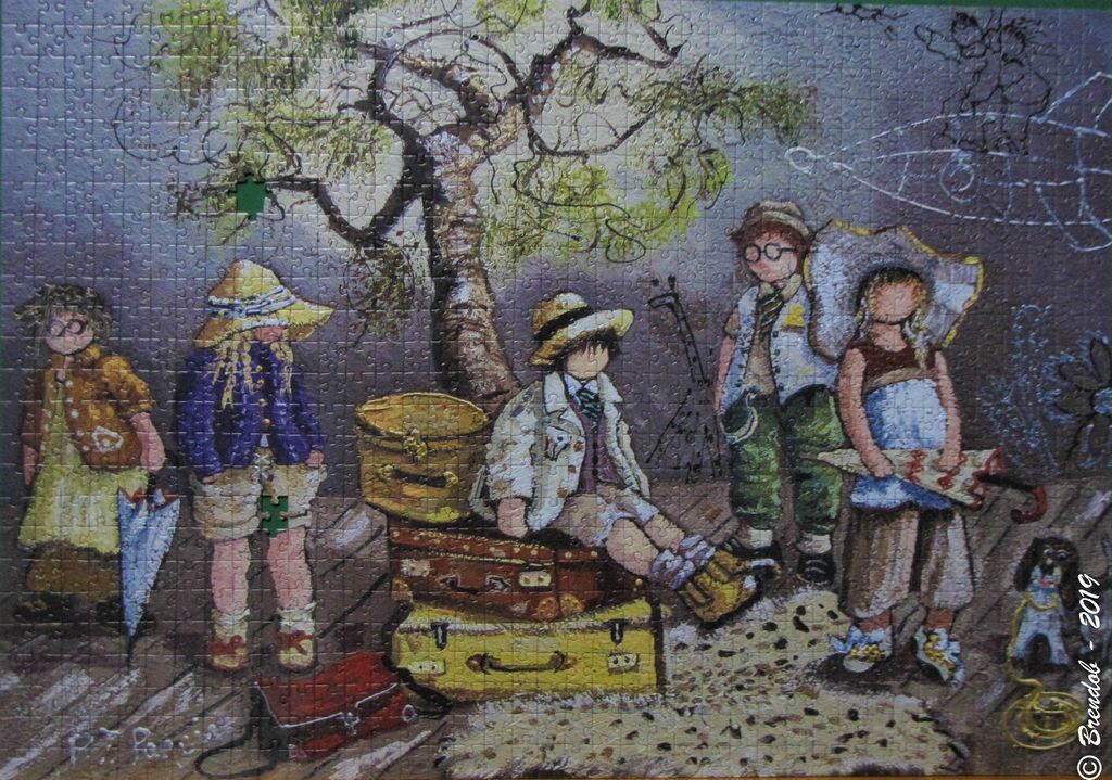 Whimsical painting of five children in vintage clothing standing around luggage on a wooden deck under a tree.