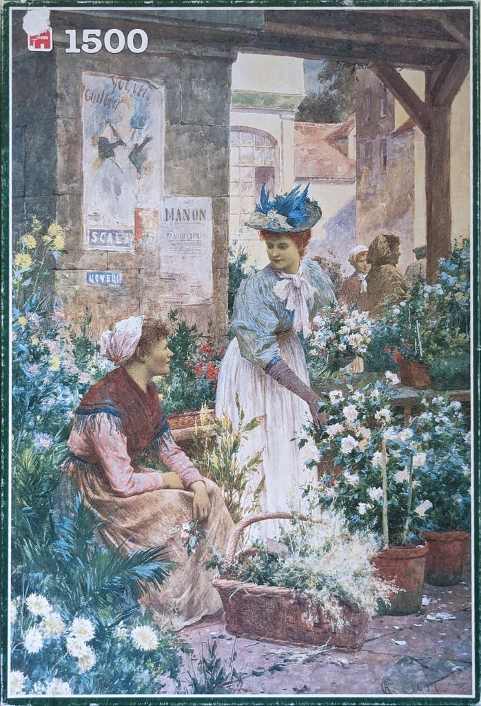Victorian-era women in a flower market with potted plants and brick walls.
