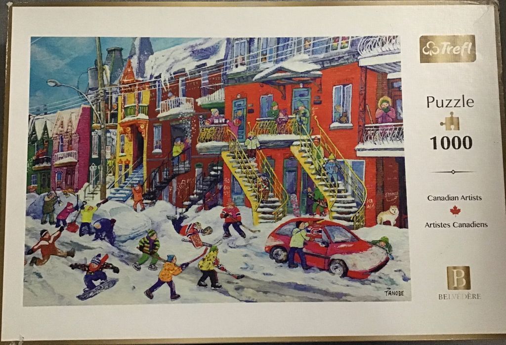 Painting of a snowy Montreal street scene with people playing in front of colorful row houses with outdoor staircases.