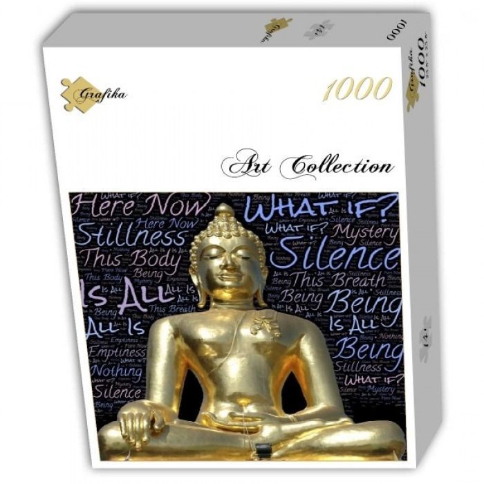 A golden Buddha statue in a meditative pose against a dark background of inspirational text.