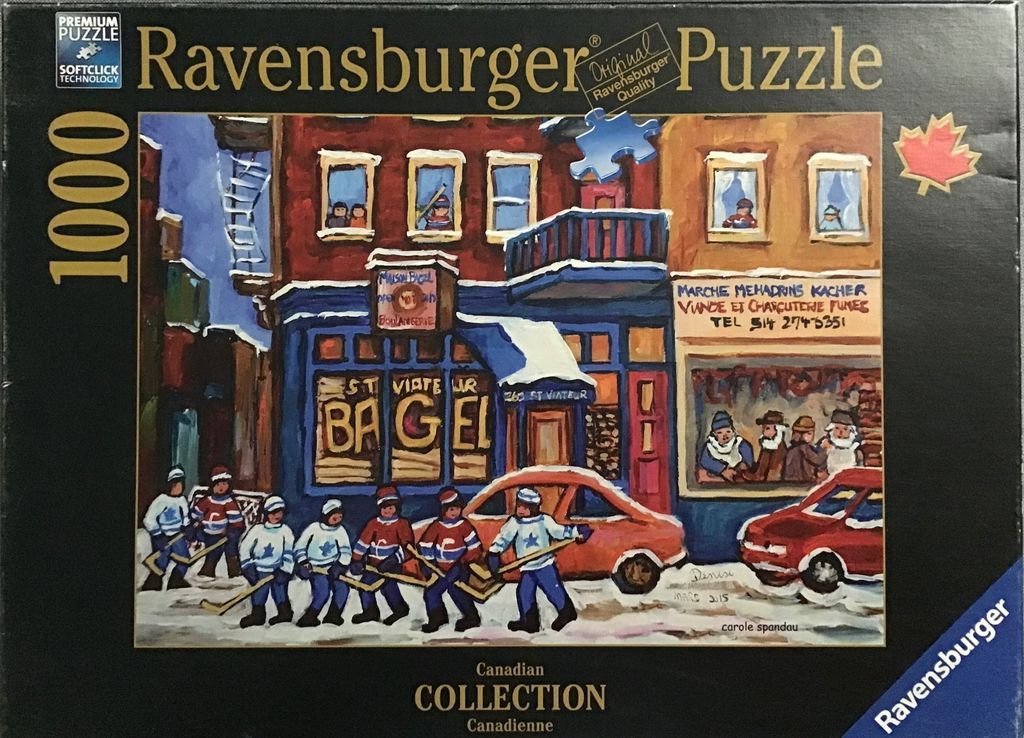 A painting of a Montreal street scene featuring children playing street hockey in front of a St-Viateur Bagel shop.