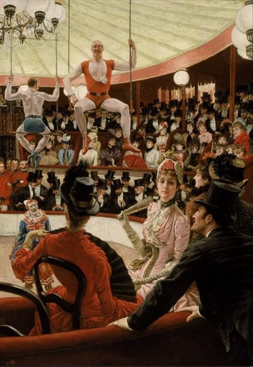 An illustration of an audience in formal wear watching circus acrobats under a tent.