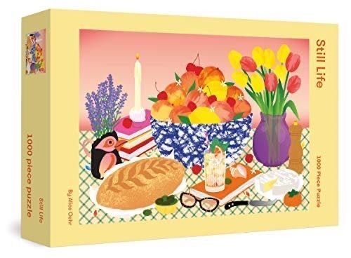 An illustration of a picnic table scene with fruit, flowers, bread, and a glass of drink.