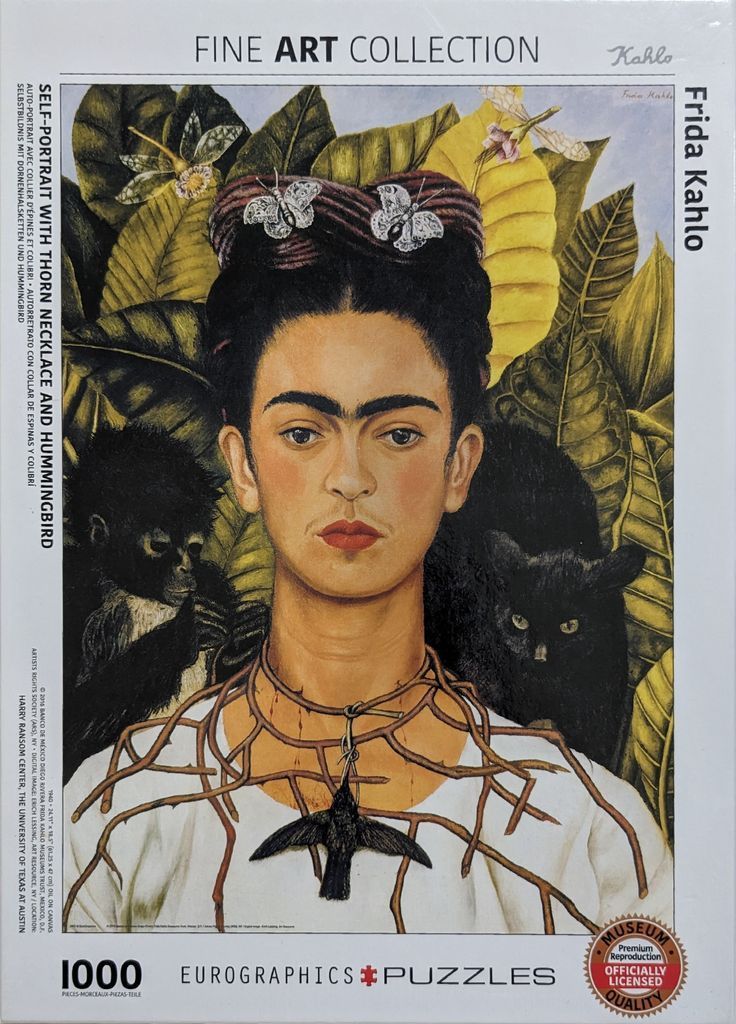 A self-portrait of Frida Kahlo with a thorn necklace, a hummingbird, a black monkey, and a black cat against tropical leaves.