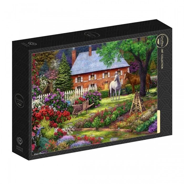 An impressionistic painting of a red brick cottage with two horses in a lush garden filled with colorful flowers.