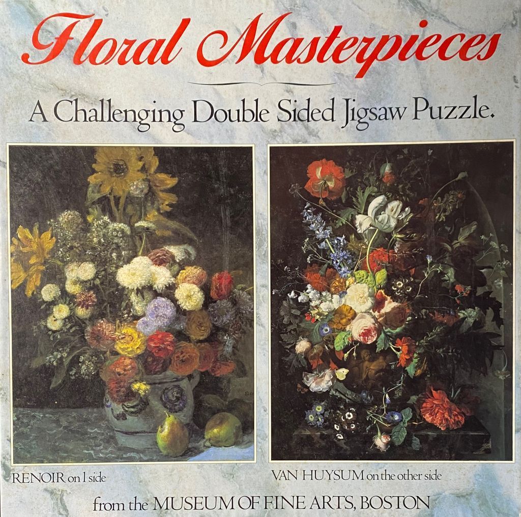 Two classic floral still life paintings: an Impressionist bouquet by Renoir and an ornate arrangement by Van Huysum.