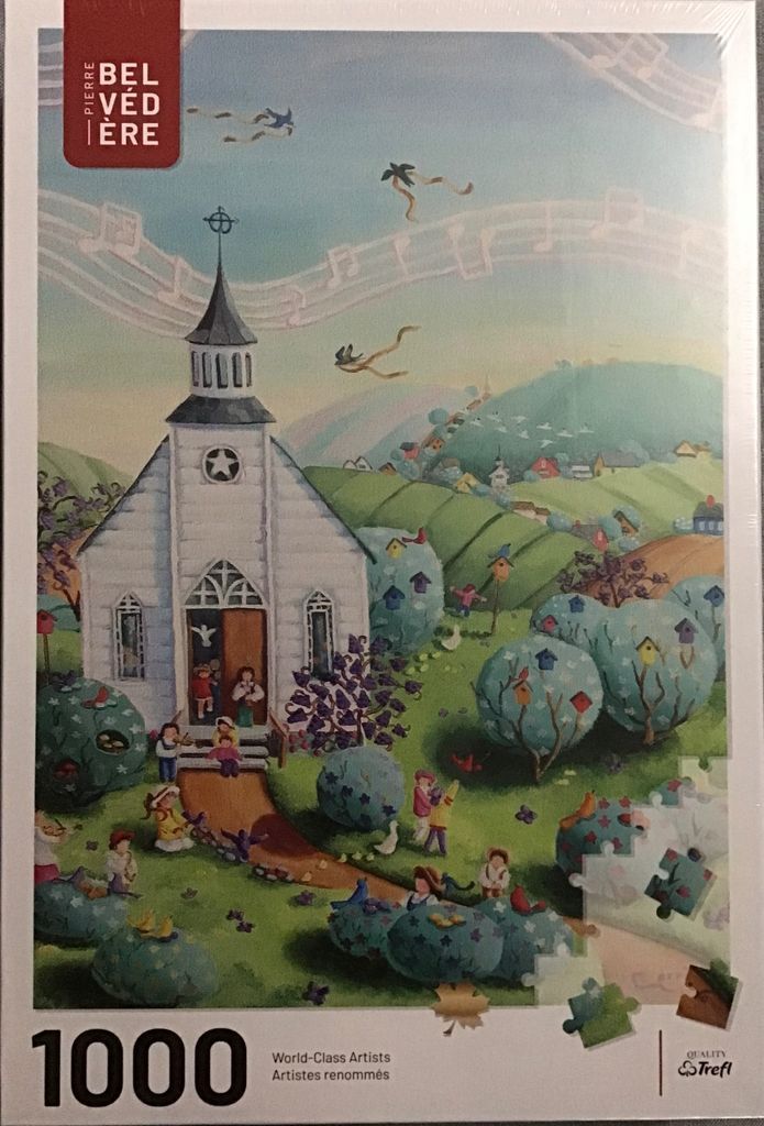 Whimsical folk-art style painting of a white country church surrounded by rolling green hills, people, and music notes.