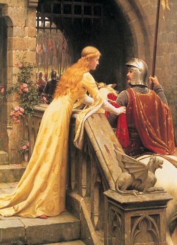 A woman in a golden dress says goodbye to a knight in armor atop a horse at a stone castle gate.