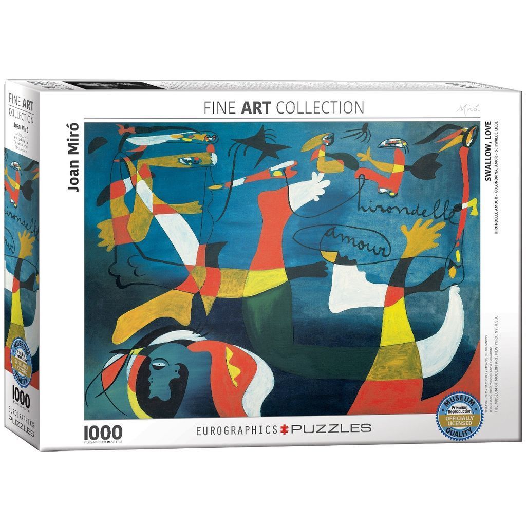 Abstract surrealist painting by Joan Miró featuring organic shapes, lines, and birds on a deep blue background.