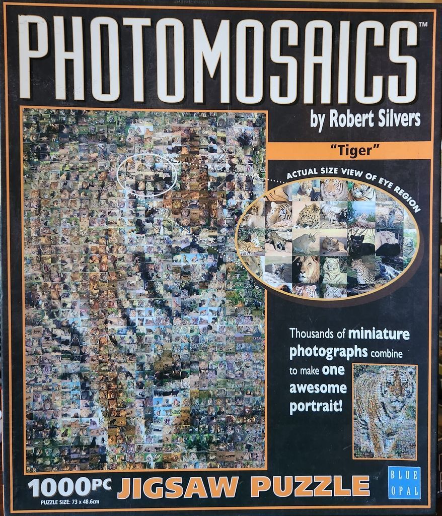 A photomosaic portrait of a tiger composed of thousands of smaller photographs of big cats.