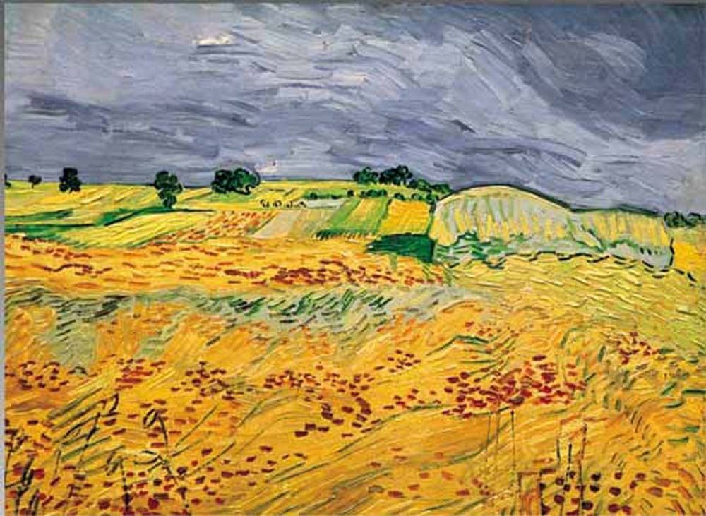 An Impressionist painting of a golden wheat field under a dark, stormy sky.