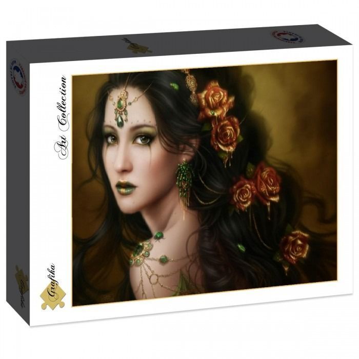 Digital fantasy portrait of a woman with dark hair, green makeup, and metallic roses.