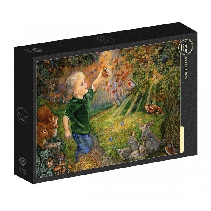 A young boy reaches toward a tree branch in a magical, sunlit forest filled with woodland animals.