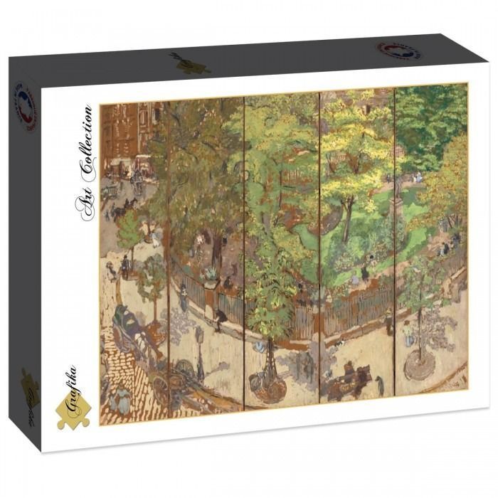 Impressionist painting of a bustling Parisian park scene with horse-drawn carriages and tree-lined walkways.