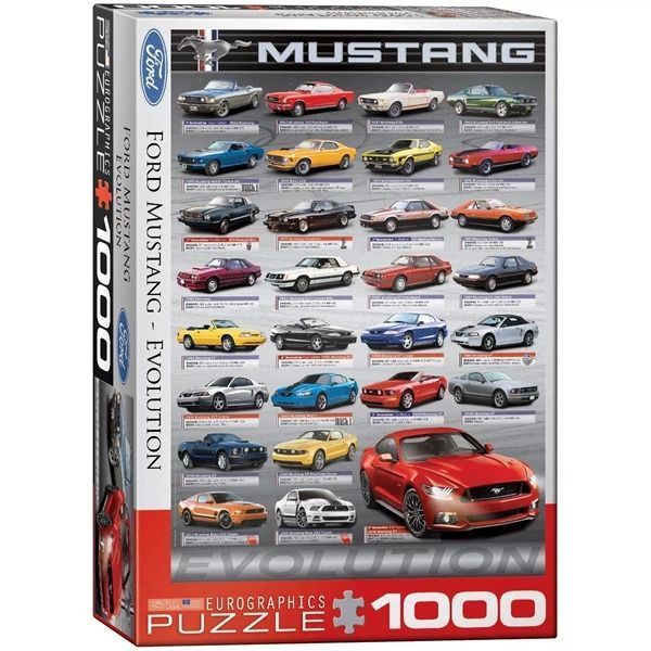 Grid of historical Ford Mustang car models showing the evolution of the vehicle design.