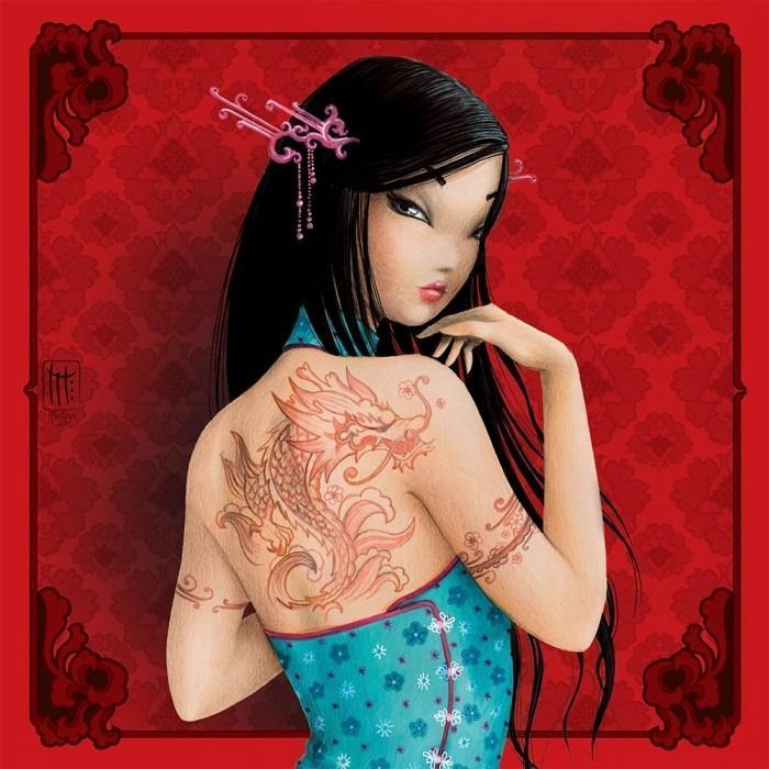 A digital illustration of a woman with long black hair, a back tattoo of a dragon, and a floral blue top against red.