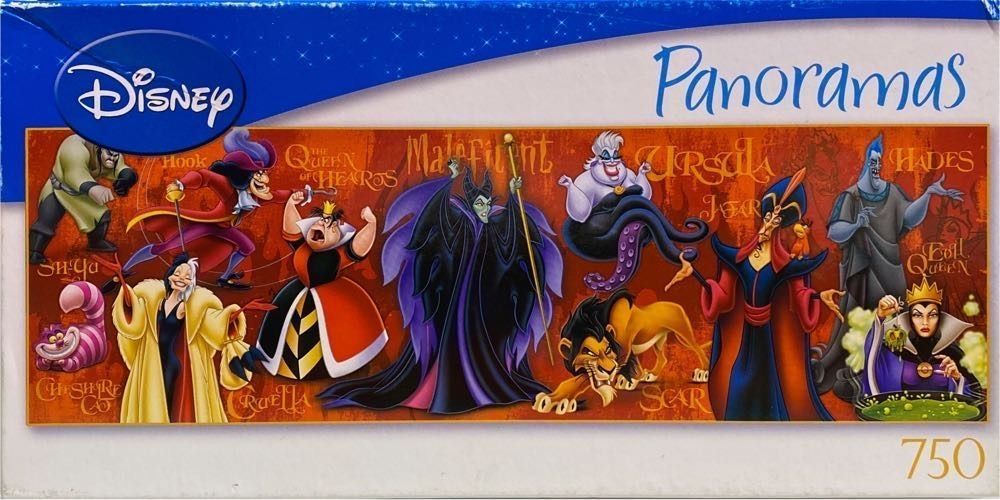 A panoramic illustration of famous animated villains standing against a fiery orange background.