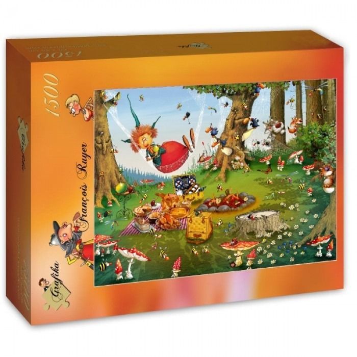 Cartoon illustration of whimsical forest creatures having a picnic in a sunlit woodland