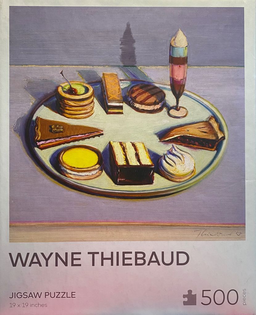 An oil painting of various desserts arranged on a circular platter against a lavender background.