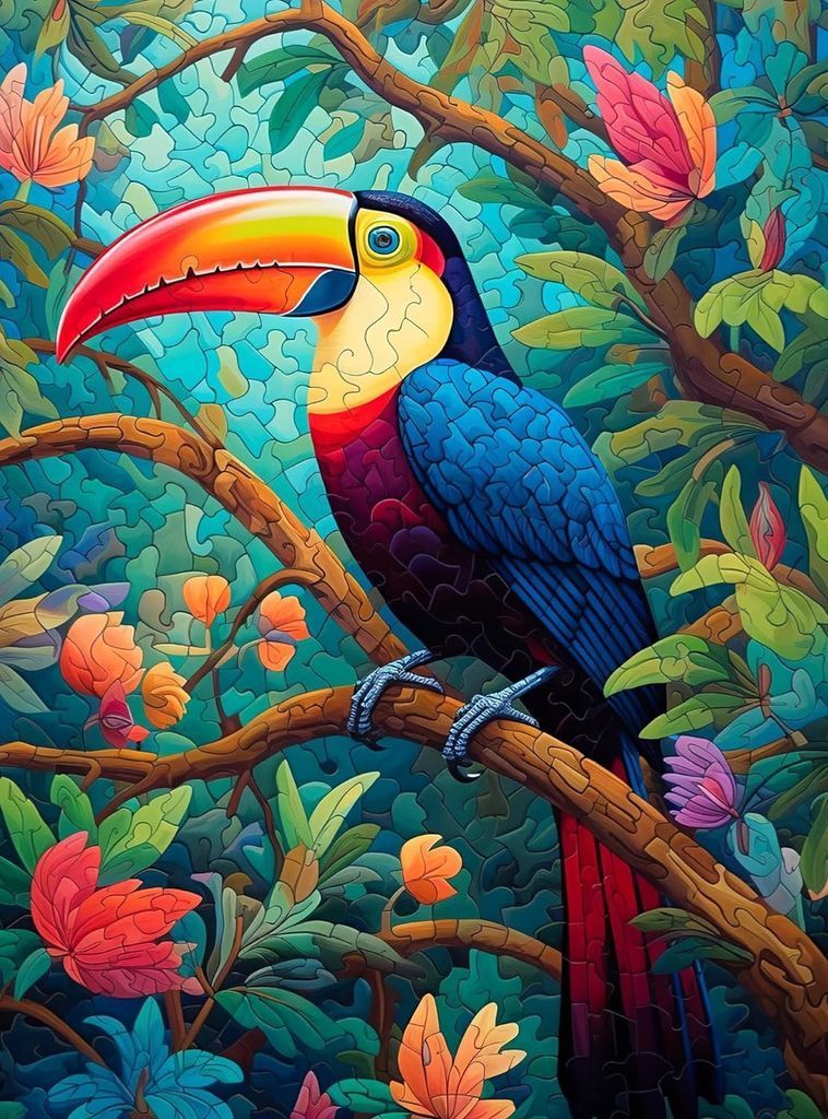 A vibrant toucan perched on a tree branch surrounded by lush foliage and colorful flowers in a stylized art style.
