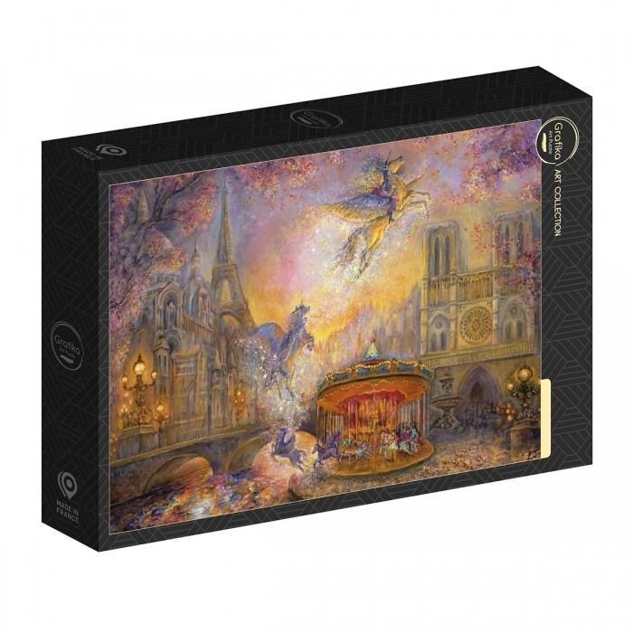 Whimsical painting of pegasi flying over a Parisian carousel with the Eiffel Tower and Notre Dame in the background.