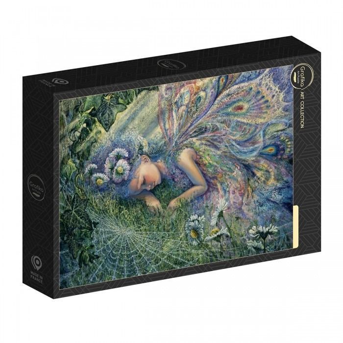 A fairy with butterfly wings sleeping in a garden of daisies and spiderwebs.
