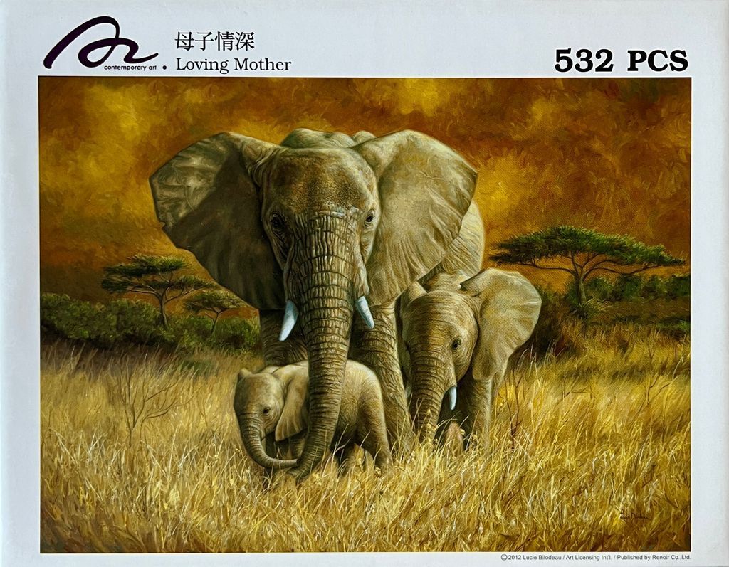 An oil painting of an African elephant mother with two calves walking through tall golden grass at sunset.
