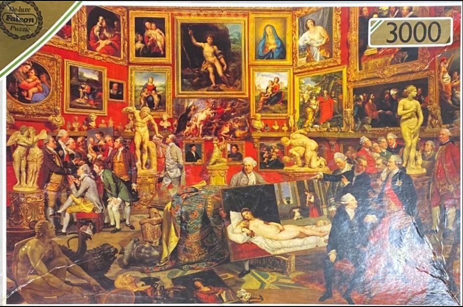 A detailed painting of an 18th-century art gallery filled with paintings, statues, and elegantly dressed patrons.