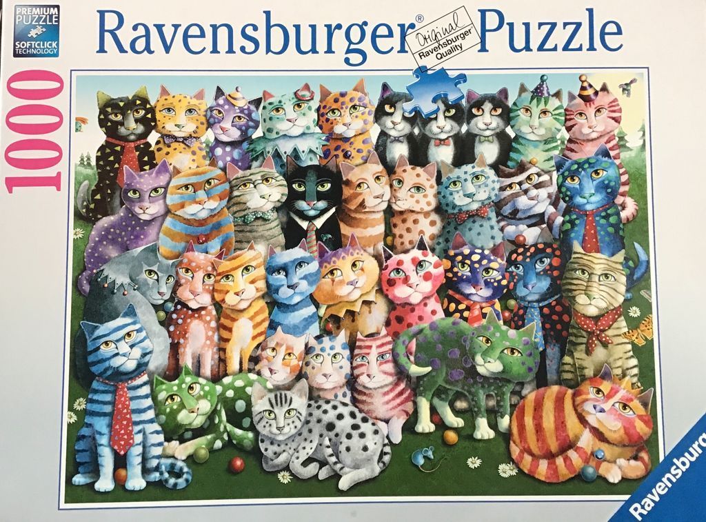 A whimsical illustration of dozens of colorful, uniquely patterned cats sitting together in a field.