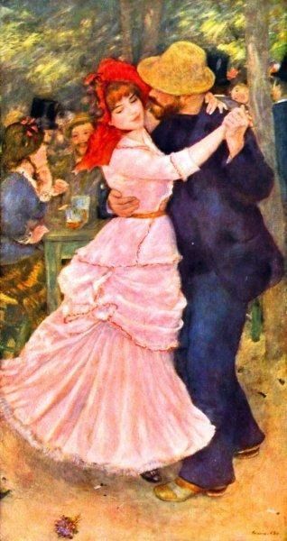 A couple dances in an outdoor cafe, the woman in a flowing pink dress and the man in a straw hat and dark suit.