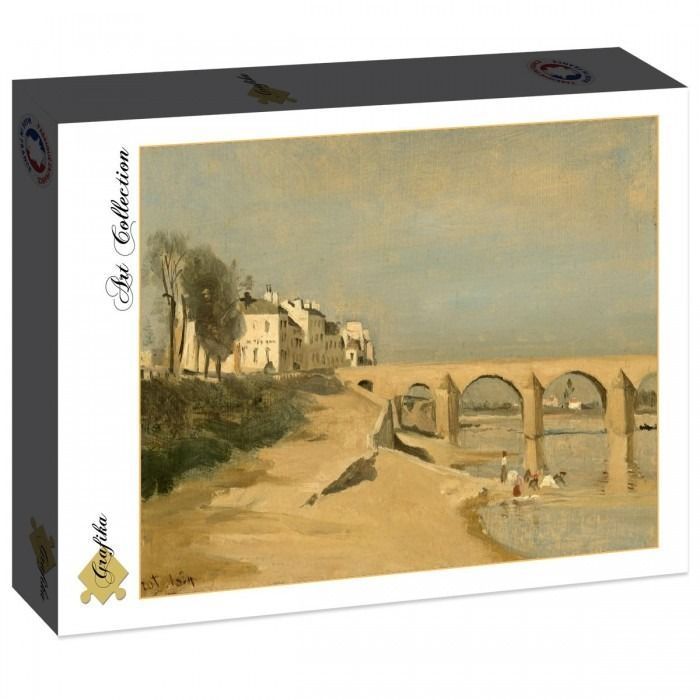 Oil painting of a stone bridge over a river next to a riverside town with trees under a hazy sky.