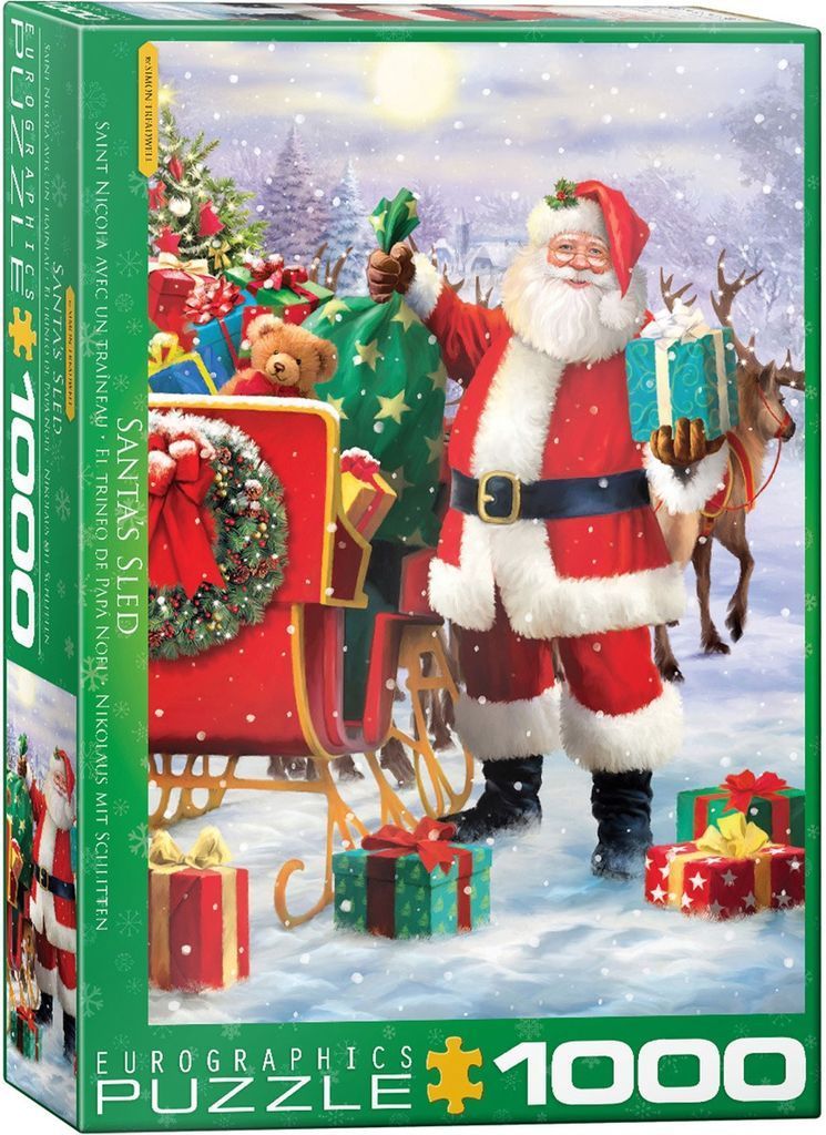 Santa Claus standing next to his red sleigh in a snowy landscape, surrounded by Christmas gifts.