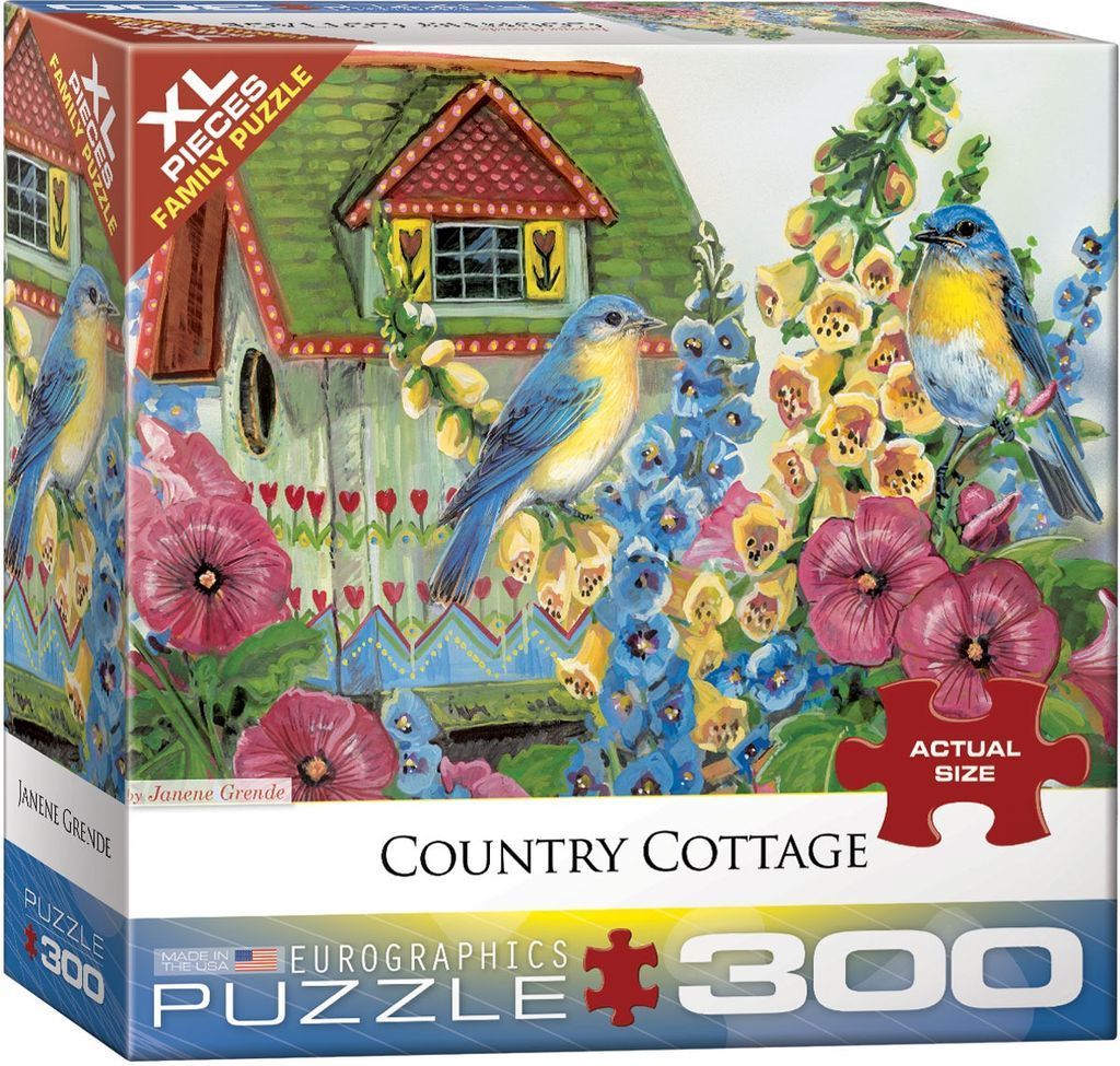 A whimsical painting of a small wooden birdhouse surrounded by blue birds and colourful garden flowers.