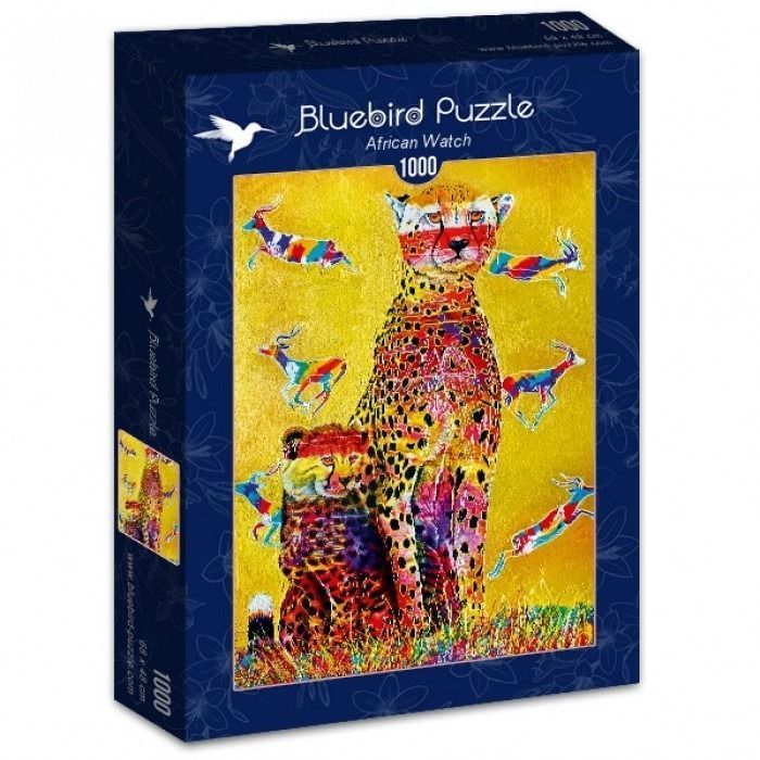 Artistic painting of two cheetahs and leaping gazelles against a textured golden yellow background.
