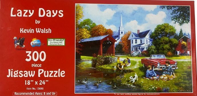 A pastoral landscape painting featuring a red covered bridge, a white church, a vintage red convertible, and a picnic.