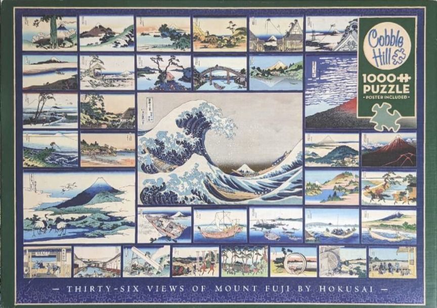A collage of Hokusai’s Thirty-Six Views of Mount Fuji, featuring The Great Wave at center.