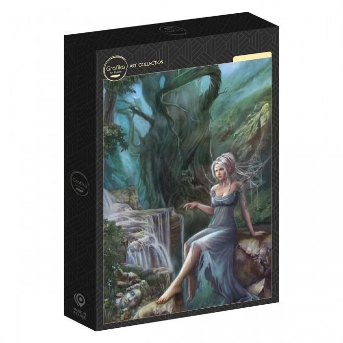Fantasy illustration of a pale woman with long white hair sitting by a waterfall in a dark, ancient forest.