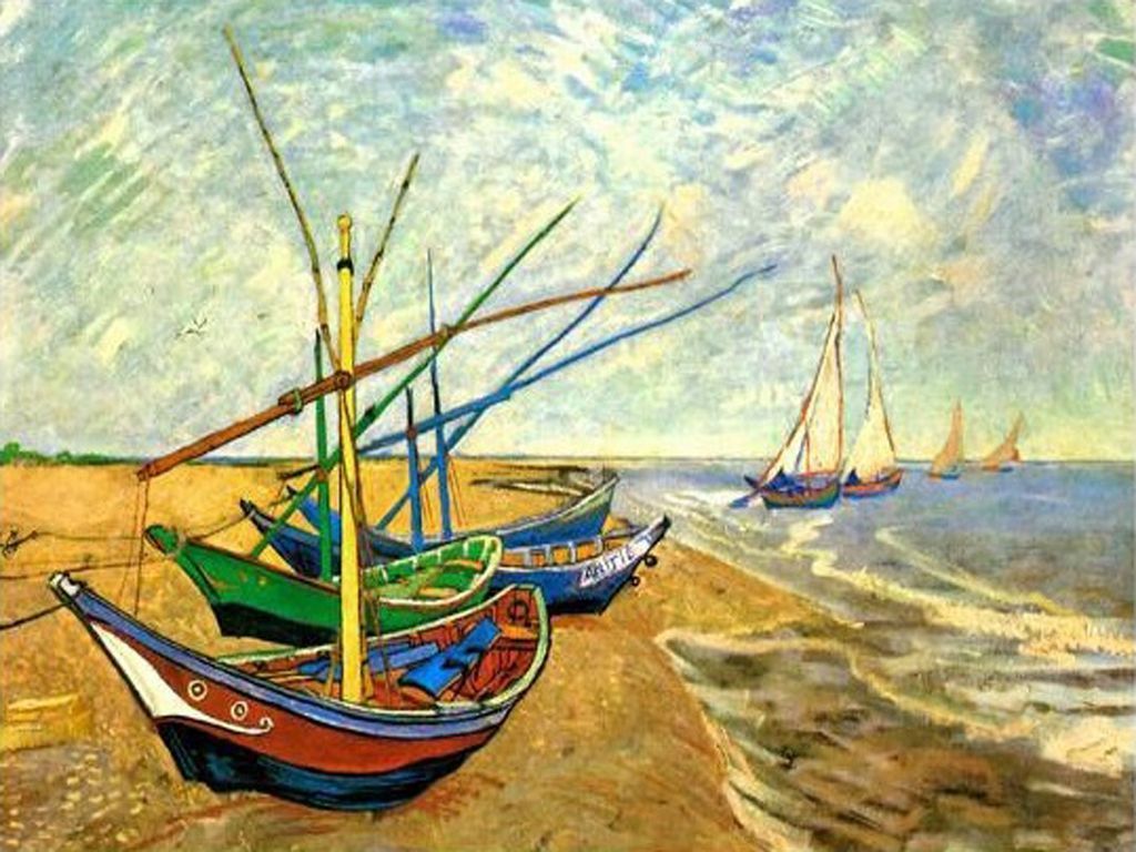 Impressionist oil painting of colorful fishing boats moored on a sandy beach under a swirling, cloudy sky.