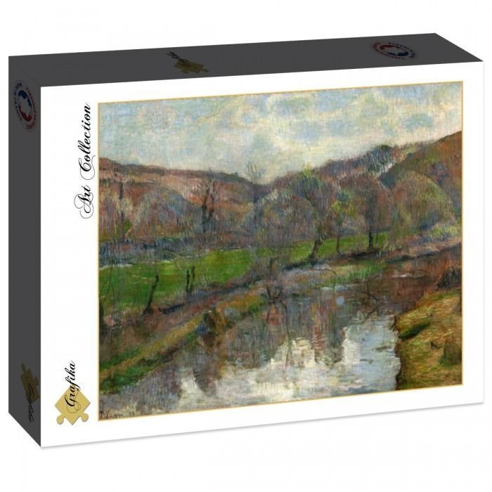 Impressionist landscape painting of a stream flowing through a grassy valley with rolling hills in the background.