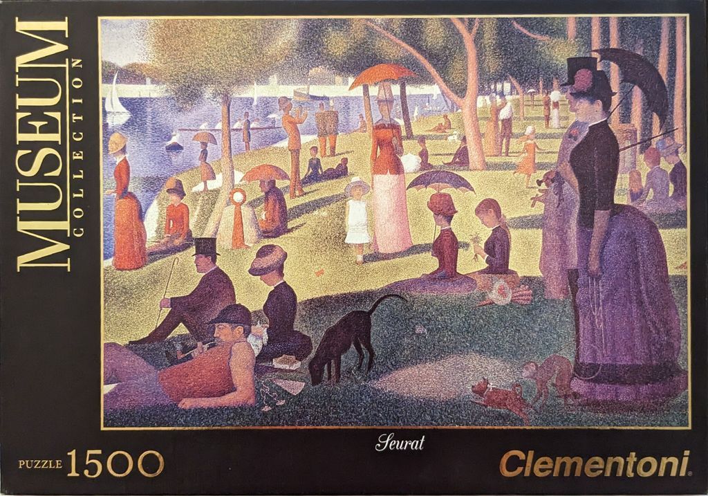 A pointillist painting of people relaxing on a grassy bank by a river, featuring many figures with parasols.