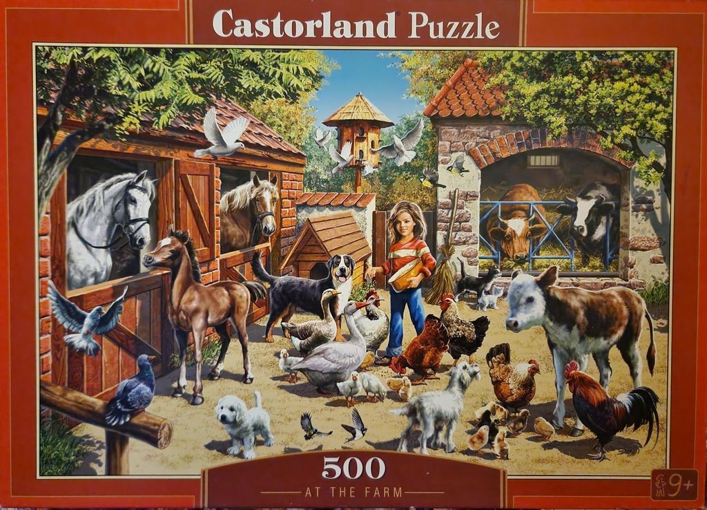 A lively farm scene featuring a young girl feeding animals including horses, a dog, goats, cows, and chickens.