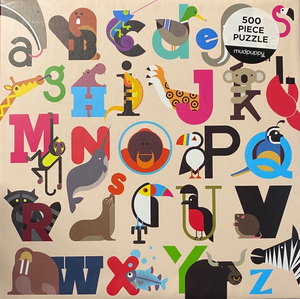 An illustrated alphabet featuring animals incorporated into each letter against a light tan background.