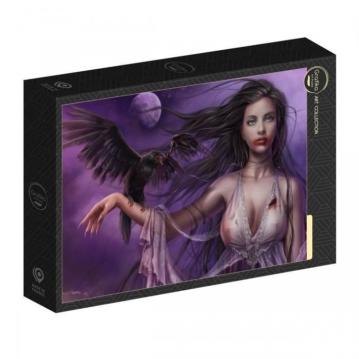 A digital illustration of a woman with long dark hair, a bloodied lip, and a black raven perched on her arm against a purple
