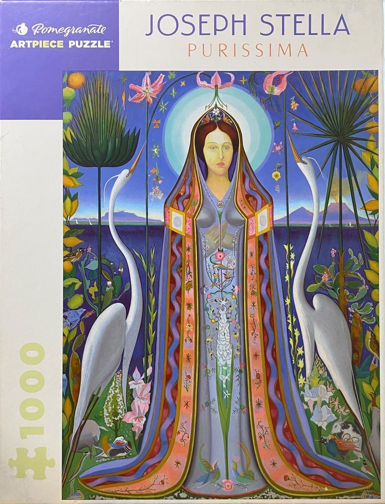 A stylized painting of a serene woman in a long, ornate gown flanked by two white herons against a deep blue background.