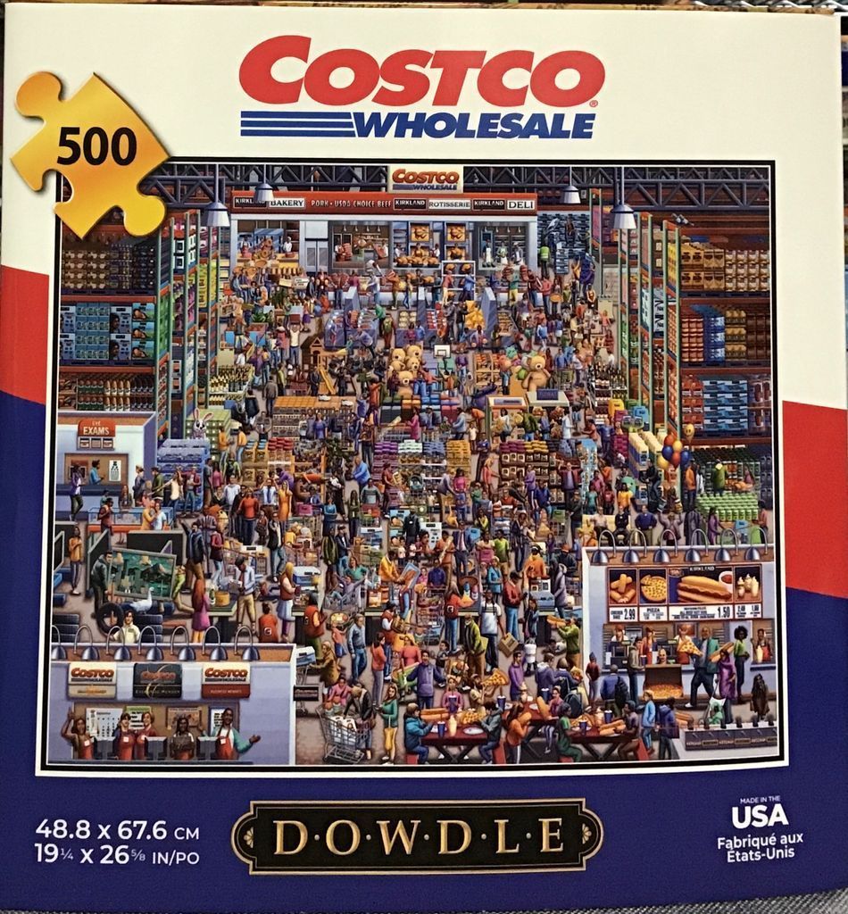 A bustling, detailed folk-art style illustration of a crowded wholesale warehouse store interior.
